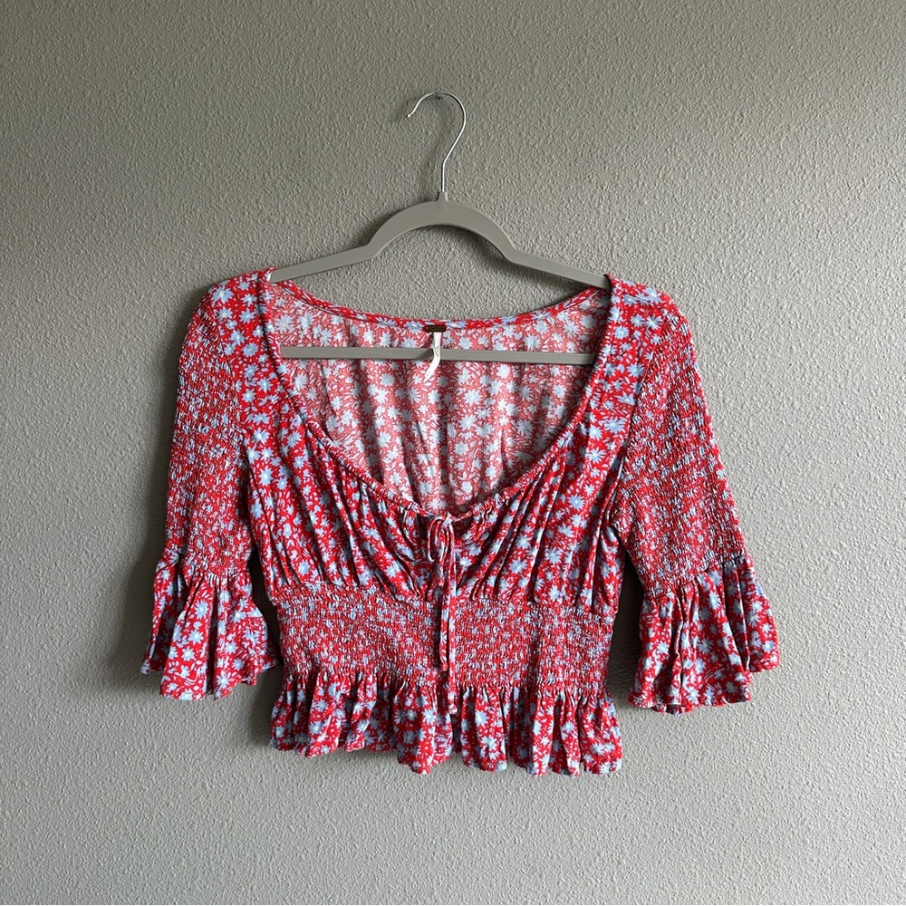 Free People Red Floral Crop Smocked Blouse Small